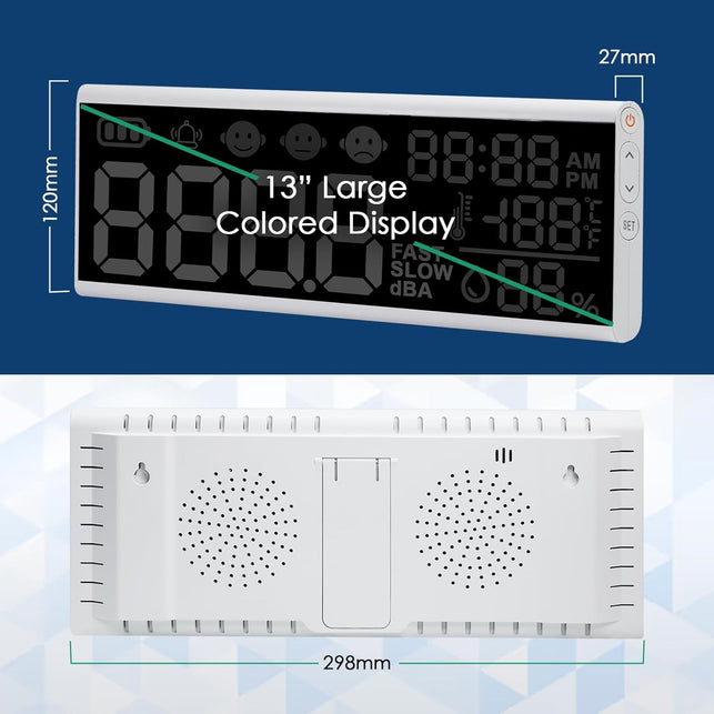 13 Inch Decibel Meter - Wall Hanging Sound Level Meter with Large LED Display, Noise, Temperature, Humidity, Time Monitor for Classroom