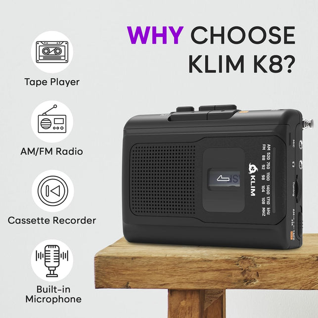 KLIM K8 Cassette Tape Player Portable with F1 Headphones - Cassette Recorder - NEW Version - AM/FM - Built-In Microphone & Speaker - Headphone Jack & Earphones - Black