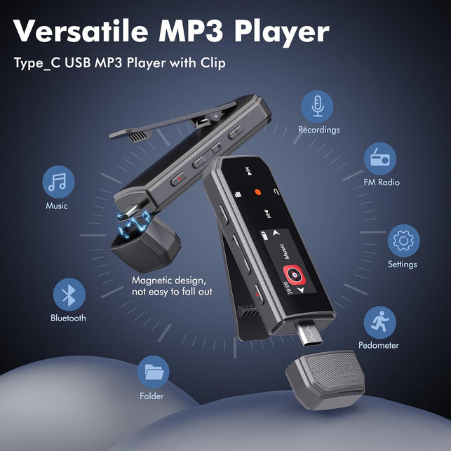 RUIZU 32GB USB-C MP3 Player with Bluetooth 5.3 & Clip for Sports Running