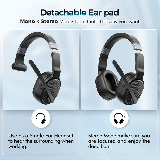Trucker Bluetooth Headset, Wireless Headsets with Noise Cancelling Microphone, Long Battery Life Bluetooth Headphones with Detachable Earpad/Single+Dual Mode for Office/Driving/Home
