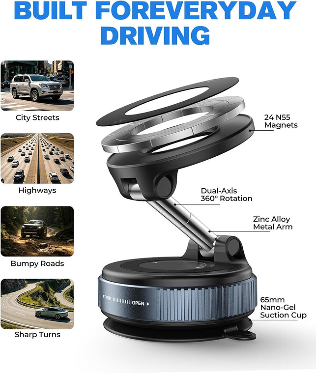 Jononser Magnetic Suction Cup Phone Mount for Magsafe, 360° Adjustable Magnetic Car Phone Holder, Pocket Size Foldable Car Mount, Cell Phone Holders for Your Car for Iphone 17 16 15 14 13 12 Series