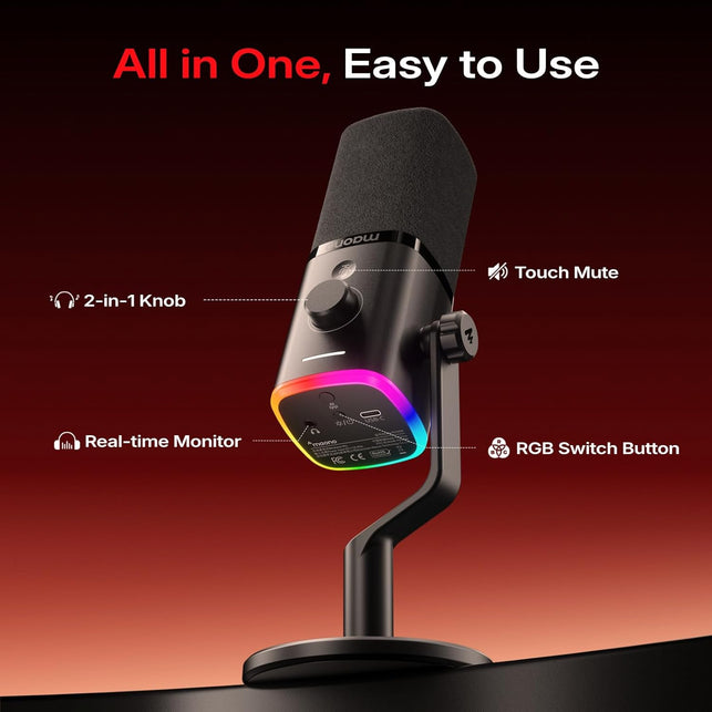 MAONO PD100W Wireless/Usb Microphone, PC Gaming Mic with One-Click Noise Reduction,Mute Button,Custom RGB, 3.5Mm Headphone Jack, Desktop Dynamic Streaming Mic for Recording,Podcasting, Black