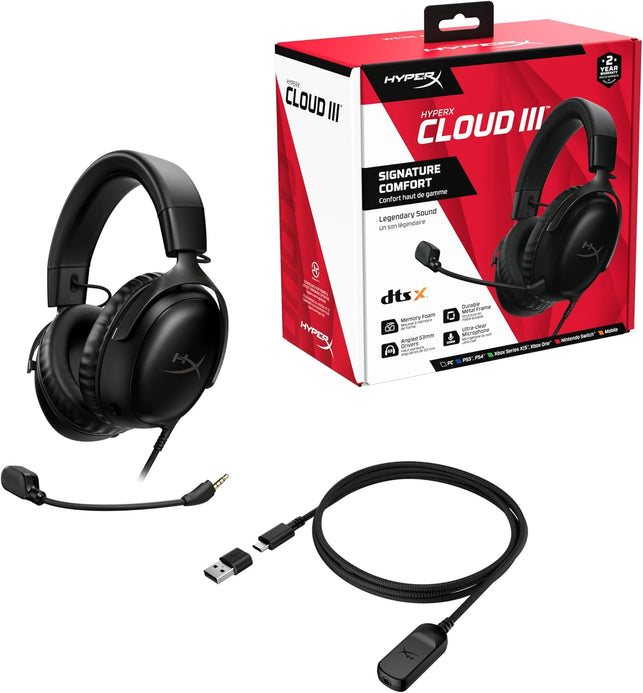 Hyperx Cloud III – Wired Gaming Headset, PC, PS5, Xbox Series X|S, Angled 53Mm Drivers, DTS Spatial Audio, Memory Foam, Durable Frame, Ultra-Clear 10Mm Mic, USB-C, USB-A, 3.5Mm – Black