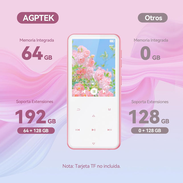 AGPTEK 64GB MP3 Player with Bluetooth, M3 2.4 Inch Music Player with Speaker and FM Radio, Touch Buttons, Supports up to 128GB, Pink