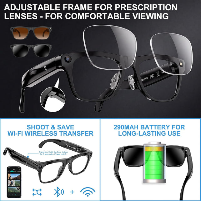 AI Smart Glasses with 4K Video Recording & 8MP Camera Bluetooth 5.4 Open Ear Audio, Built-In AI Assistant & Real-Time Translation, Lightweight Smart Eyewear for Men Women