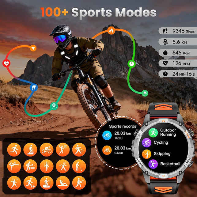 Military Smart Watch(Answer/Make Call), GPS Smartwatch for Men with LED Flashlight Compass, 1.46" HD Fitness Tracker Watch with 100+ Sport Modes, Rugged Smart Watches Compatible for Iphone (Black)
