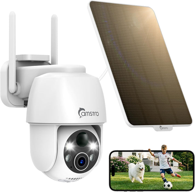 2K Solar Security Camera Outdoor Wireless, Battery Wifi Camera for Home Security, 360°PTZ, Color Night Vision, Two-Way Audio, PIR/AI Motion Detection, IP66, Alexa/Google Assistant, 2.4Ghz Only