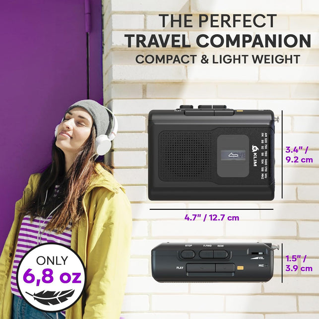 KLIM K8 Cassette Tape Player Portable with F1 Headphones - Cassette Recorder - NEW Version - AM/FM - Built-In Microphone & Speaker - Headphone Jack & Earphones - Black