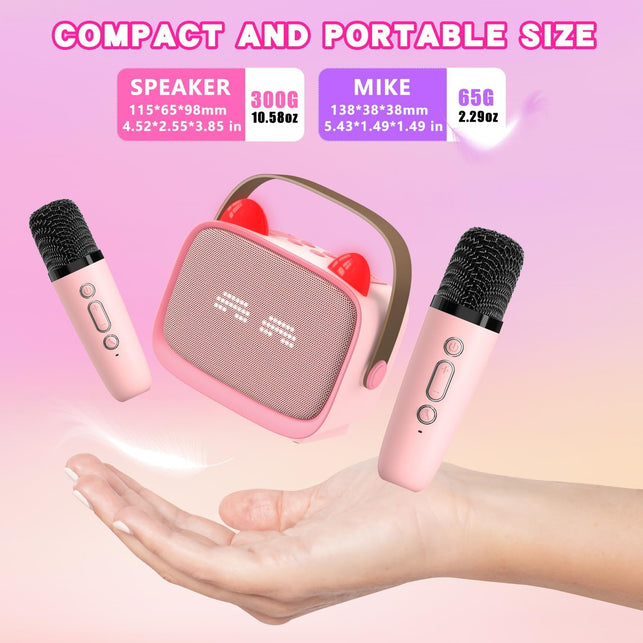 Mgaolo Upgraded Mini Karaoke Machine Toy for Kids, Portable Bluetooth Speaker with 2 Wireless Mics, Emoji & Colorful LED Lights, Home Travel & Party Play Gifts for Boys Girls (Pink)