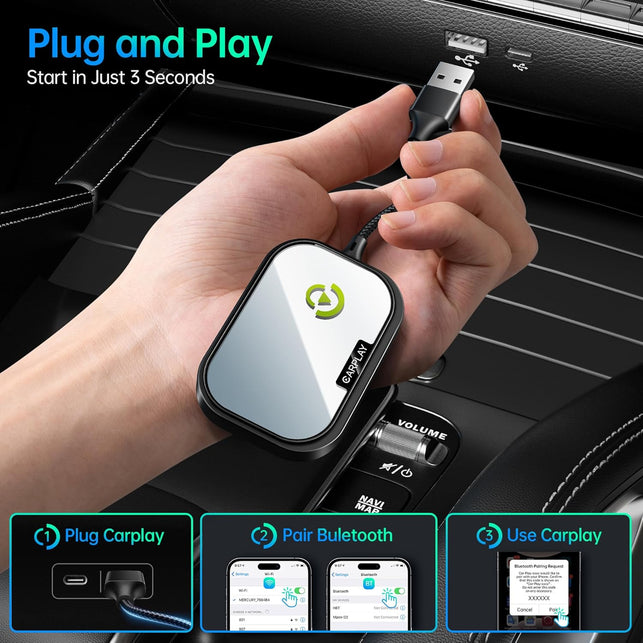 Wireless Carplay Adapter for Apple Iphone, Converts Factory Wired Carplay to Wireless Carplay 2024 Upgrade Plug & Play Auto Connect Fast Easy Use for Cars from 2017 & Iphone Ios Black