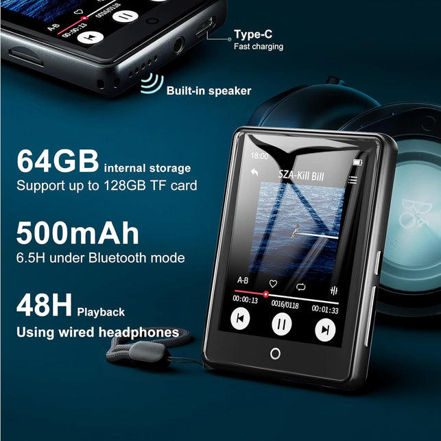 64GB MP3 Player with Bluetooth 5.3, 2.8" Touchscreen & Speaker