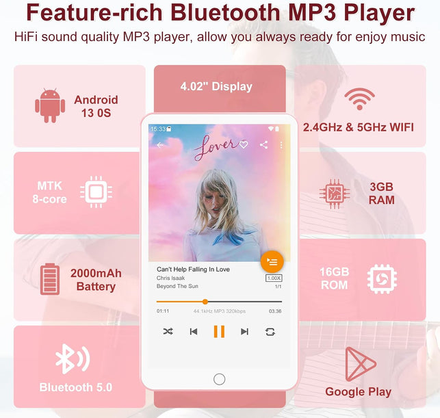 Android 13 MP3 Player with Bluetooth Wifi, MP3 & MP4 Players with 4" Touchscreen and Speaker, MP3 Music Players with Spotify, Audible, Amazon Music, Play Store (16GB, Pink)