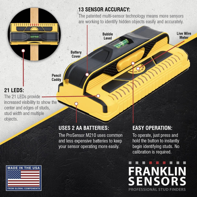 Franklin Sensors Prosensor M210 Stud Finder with 13-Sensors, Wood & Metal Stud Detector/Wall Scanner, Live Wire Detection