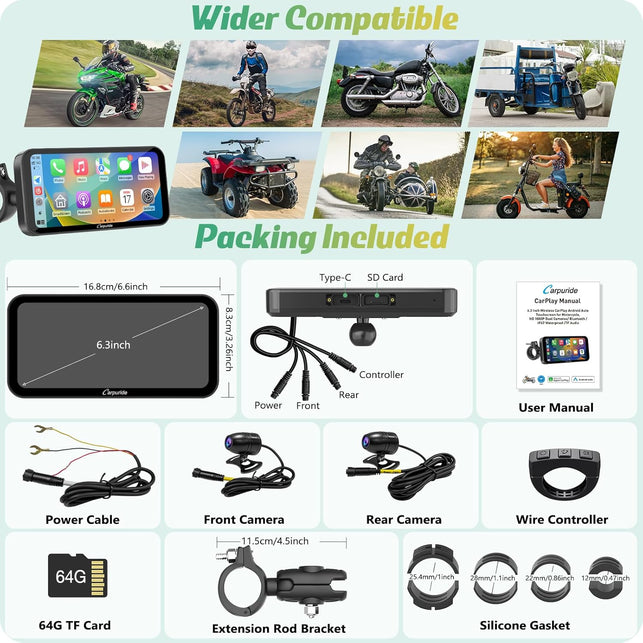 Carpuride W603D Motorcycle GPS Carplay Screen, Wireless Carplay & Android Auto for Moto, with HD 1080P Dual Cameras, Remote Control，6.3" Waterproof Touchscreen, BT Trans, Loop Recording, Navigation
