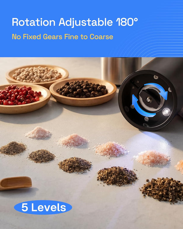 HBN Electric Pepper Grinder, Rechargeable Salt and Pepper Mill Set with Charging Base, One-Handed Automatic Operation, Adjustable Coarseness, LED Light, Stainless Steel Body for Kitchen Cooking Dining