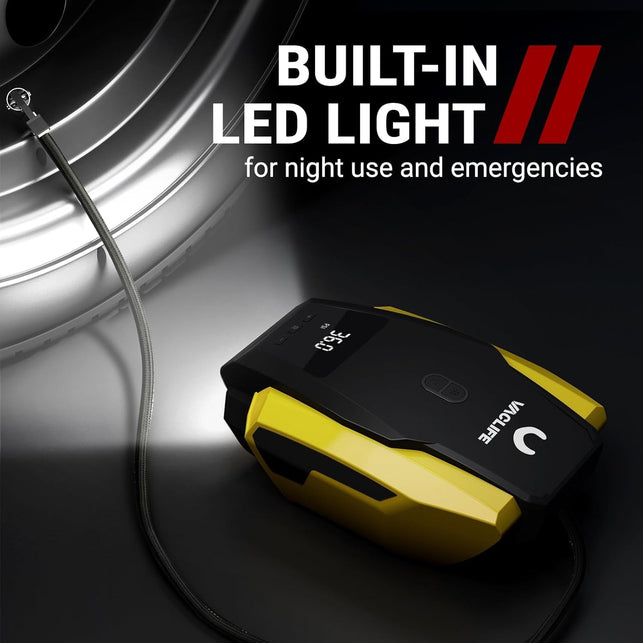 Vaclife Tire Inflator Portable Air Compressor - Air Pump for Car Tires, 12V DC 100PSI Tire Pump for Bikes with LED Light, Digital Pressure Gauge, Car Accessories, Yellow (VL701)