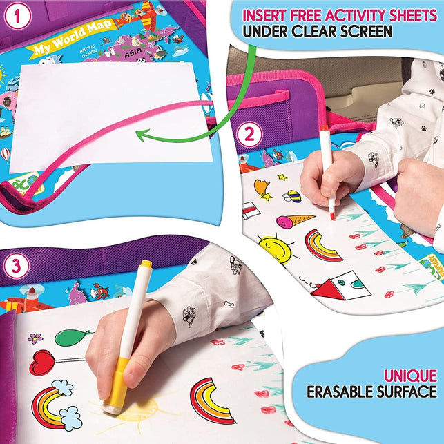 ECOFANTASY Kids Travel Tray W/Dry Erase Top - Car Seat Travel Tray Table for Toddler - Travel and Road Trip Essentials Kids - Car Lap Desk with Storage