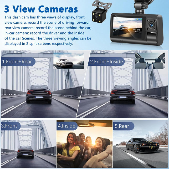 Dual Dash Cam for Cars Front/Inside/Rear View Camera 3 Inch Touchscreen 1080P HD DVR Camera Video Recorder Driving Recorder 2 Split Screens Wide Angle Automatic Loop Recording Night Vision