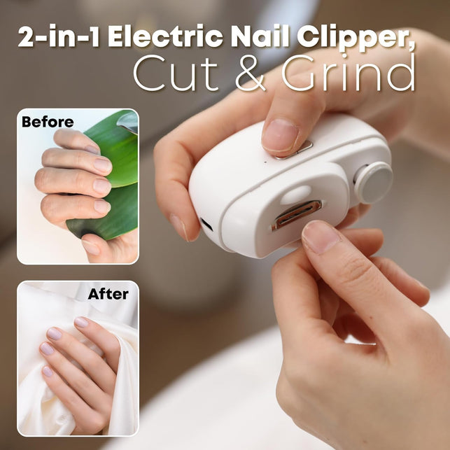 Electric Automatic Nail Clipper with Light & 2 Speeds,Fingernail Cutter and File 2 in 1 Design, USB Rechargeable Safety Fingernail Trimmer for Baby, Kids, Seniors and Adult (White)