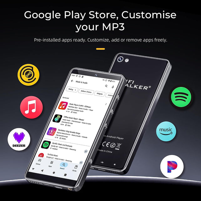HIFI WALKER G7 Pro Android MP3 Player with Wifi & Bluetooth, 5.2” HD Touchscreen, 4GB RAM + 32GB Storage, Streaming & Offline Music Player with Speaker, Camera & Expandable Storage