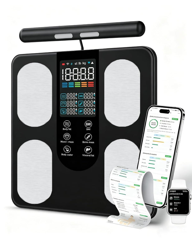 Smart Scale for Body Weight: 8-Electrode Digital Bathroom Scale for Weight Fat BMI Muscle Mass Full Body Composition Analyzer 50 Measurements Bluetooth Highly Accurate Weighing Machine 400Lb Black