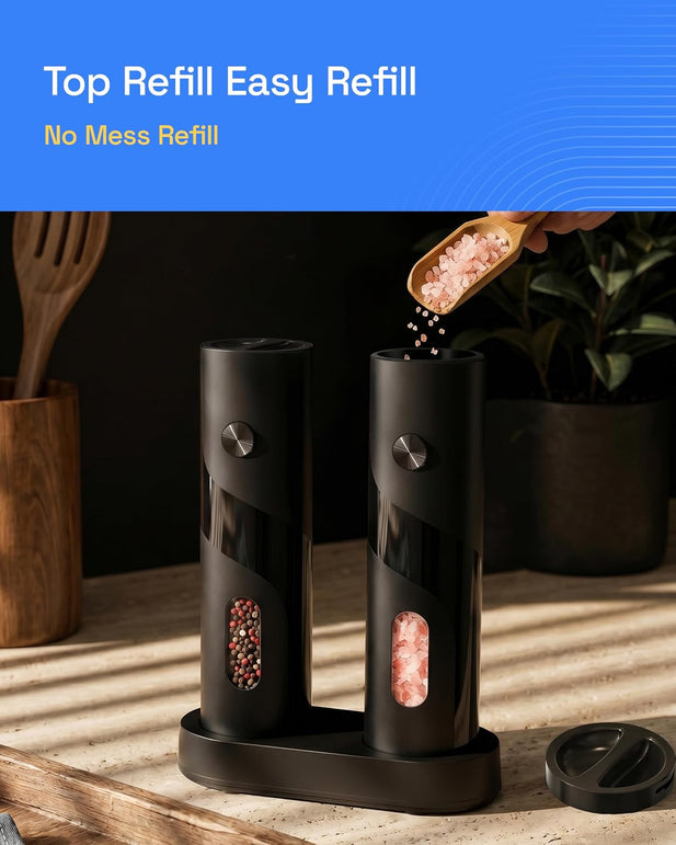 HBN Electric Pepper Grinder, Rechargeable Salt and Pepper Mill Set with Charging Base, One-Handed Automatic Operation, Adjustable Coarseness, LED Light, Stainless Steel Body for Kitchen Cooking Dining