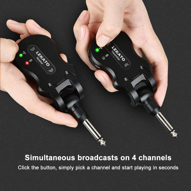 LEKATO Wireless Guitar System 5.8 Wireless Guitar Transmitter Receiver Rechargeable Audio Wireless Transmitter Receiver 4 Channels Transmission Range for Electric Guitar Bass (Black)