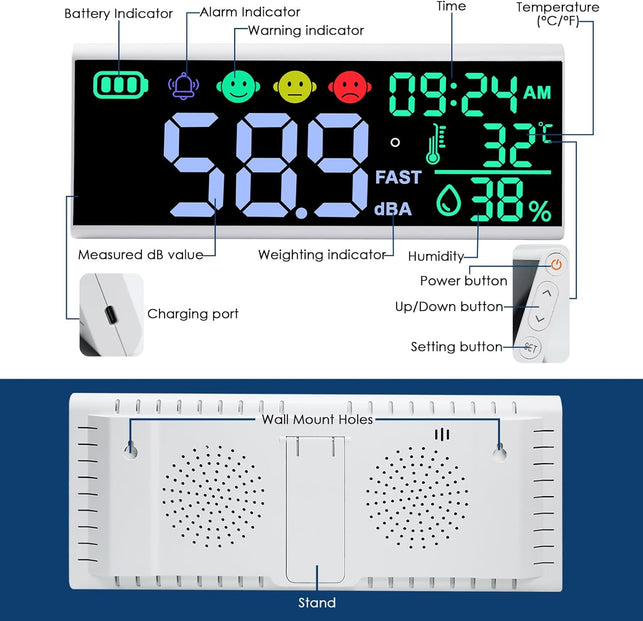 13 Inch Decibel Meter - Wall Hanging Sound Level Meter with Large LED Display, Noise, Temperature, Humidity, Time Monitor for Classroom