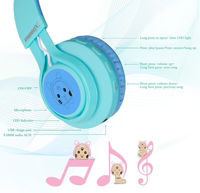 Riwbox Kids Headphones, CT-7S Cat Ear Bluetooth Headphones 85Db Volume Limiting,Led Light up Kids Wireless Headphones over Ear with Microphone for Laptop/Pc/Tv(Blue&Green)