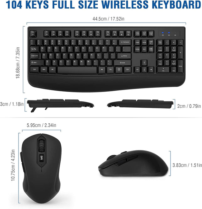 Wireless Keyboard and Mouse Combo, EDJO 2.4G Full-Sized Ergonomic Computer Keyboard with Wrist Rest and 3 Level DPI Adjustable Wireless Mouse for Windows, Mac OS Desktop/Laptop/Pc