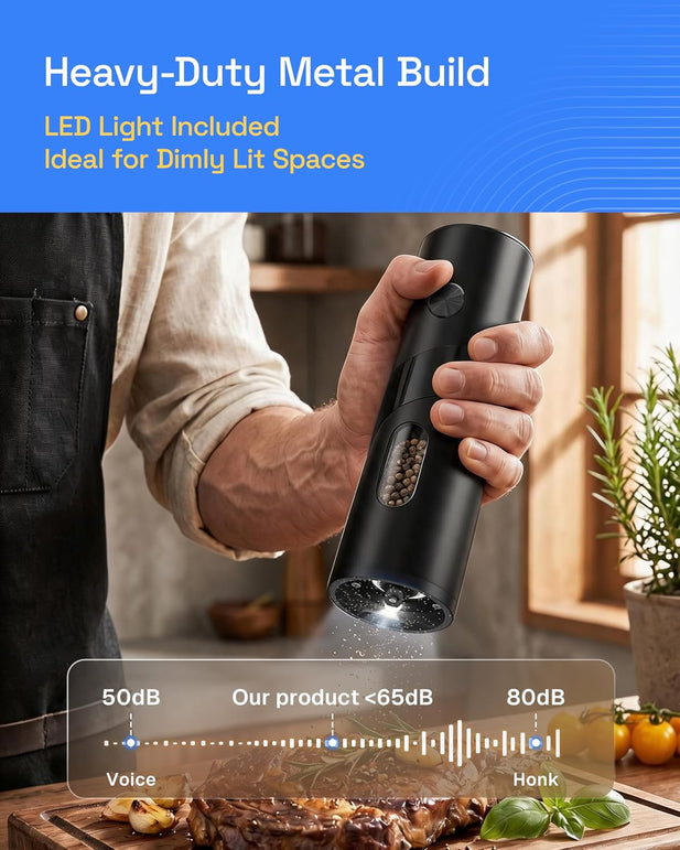 HBN Electric Pepper Grinder, Rechargeable Salt and Pepper Mill Set with Charging Base, One-Handed Automatic Operation, Adjustable Coarseness, LED Light, Stainless Steel Body for Kitchen Cooking Dining