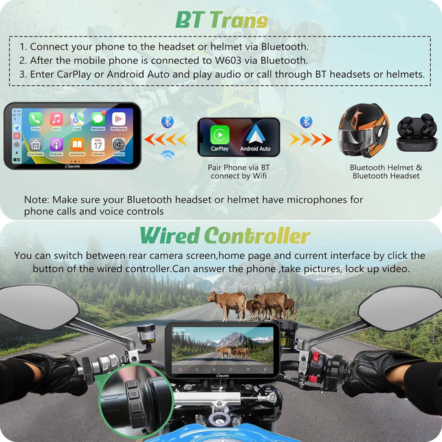 Carpuride W603D Motorcycle GPS Carplay Screen, Wireless Carplay & Android Auto for Moto, with HD 1080P Dual Cameras, Remote Control，6.3" Waterproof Touchscreen, BT Trans, Loop Recording, Navigation