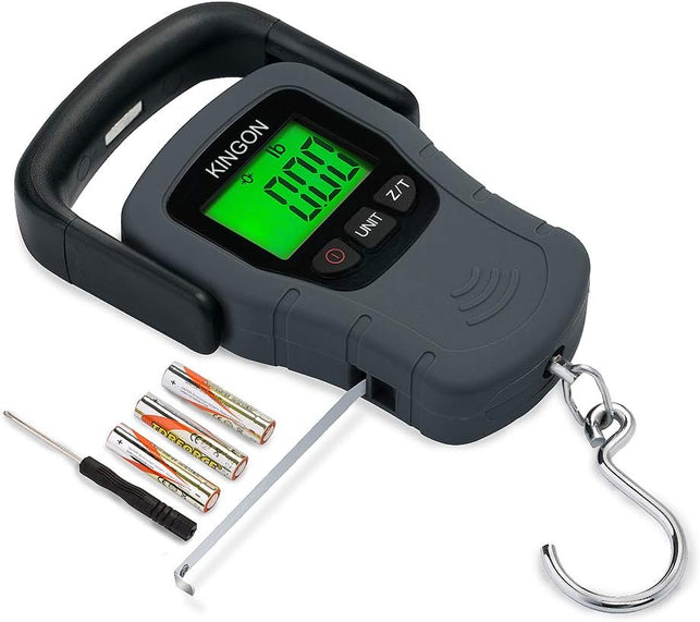 Digital Hanging Luggage Scale with Comfortable Handle and Large Hook, 110Lb/50Kg, Backlit Portable Scale for Travel Fishing with Tare/Hold Function, AAA Batteries Included, Grey