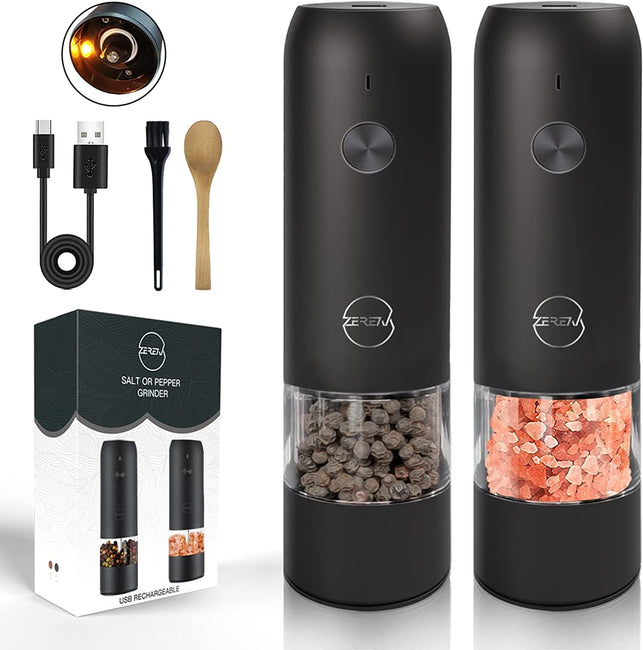 Electric Salt and Pepper Grinder Set - USB Rechargeable, LED Lights, Black Automatic Pepper and Salt Mill Grinder Set Refillable, Adjustable Coarseness, One Hand Operation (Black 2 Pack)