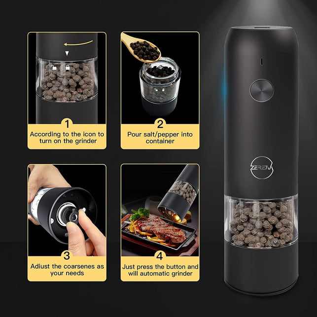 Electric Salt and Pepper Grinder Set - USB Rechargeable, LED Lights, Black Automatic Pepper and Salt Mill Grinder Set Refillable, Adjustable Coarseness, One Hand Operation (Black 2 Pack)
