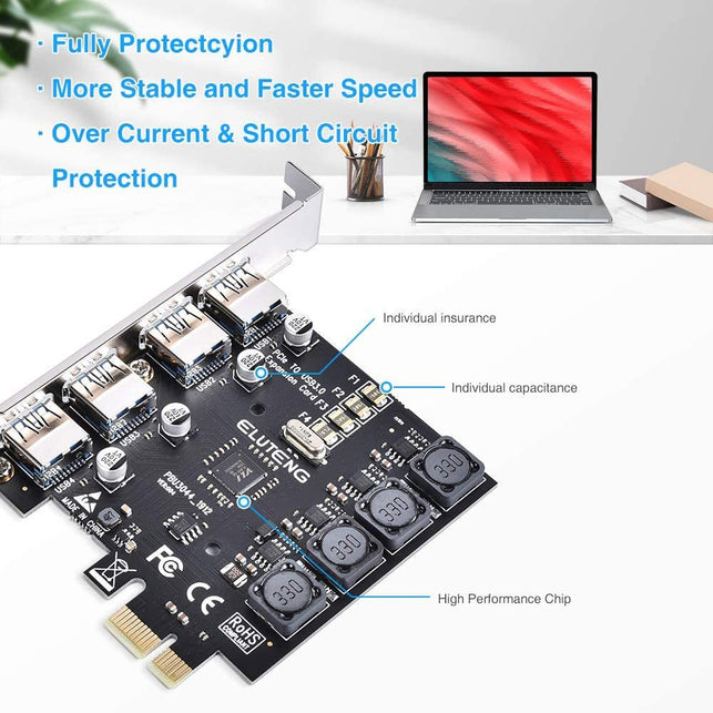 ELUTENG PCIE USB 3.0 Card 4 Ports PCI Expree to USB Expansion Card Super Speed 5Gbps Pci-E USB3 Hub Controller Adapter for Windows 10/8.1/8/7/Xp/Vista