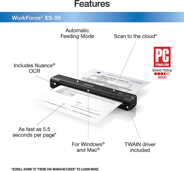 Epson WorkForce ES-50 Portable Sheet-fed Document Scanner for PC and Mac