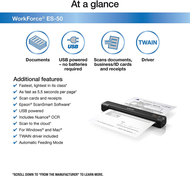 Epson WorkForce ES-50 Portable Sheet-fed Document Scanner for PC and Mac