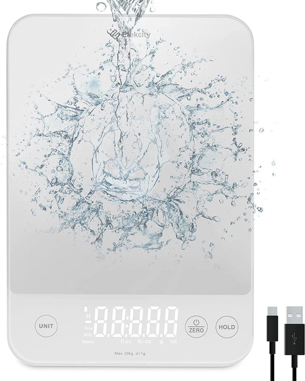 Etekcity Luminary Lite 22Lb Food Kitchen Digital Scale, IPX6 Waterproof, Rechargeable, Ounces and Grams for Weight Loss, Cooking, Baking, 0.05Oz/1G Precise Graduation, Silver White