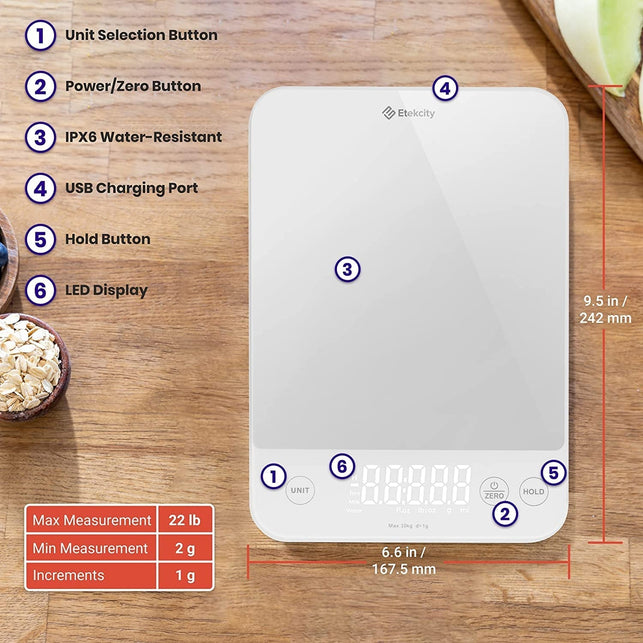 Etekcity Luminary Lite 22Lb Food Kitchen Digital Scale, IPX6 Waterproof, Rechargeable, Ounces and Grams for Weight Loss, Cooking, Baking, 0.05Oz/1G Precise Graduation, Silver White