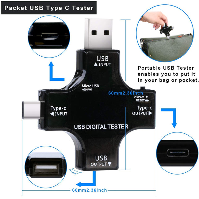Eversame USB C Power Meter Testers, 2 in 1 Tester Color Screen LCD Digital Multimeter Voltage Current Voltmeter Amp Volt Ammeter Detector