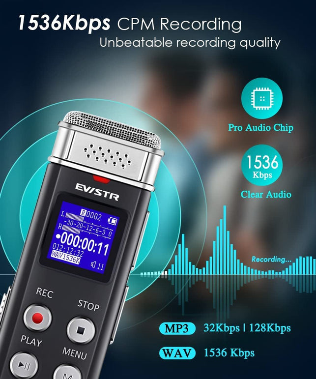 EVISTR 32GB Digital Voice Recorder Voice Activated Recorder with Playback - Upgraded Tape Recorder for Lectures, Meetings, Interviews, Audio Recorder USB Charge, MP3
