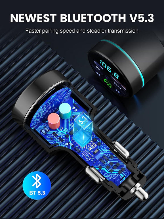 RIWUSI FM Transmitter for Car Bluetooth 5.3, [All-Metal] PD 30W & QC3.0 18W Fast Car Charger, Wireless FM Radio Car Kit Bluetooth Car Adapter, Noise Cancelling Hands-Free Call, Blue Light - Black