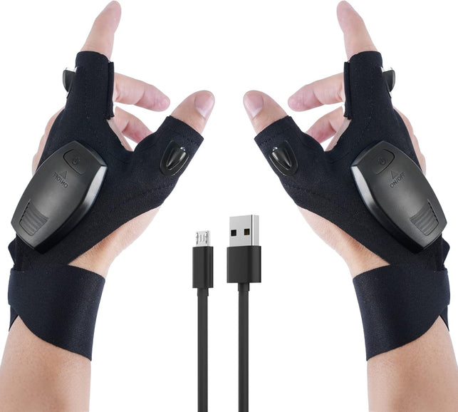 LED Rechargeable Flashlight Glove Lamp Unique Tools Gifts for Men Dad Adults,Cool Gadgets Hands-Free Lights Fingerless Work Gloves with Stretchy Strap for Home Fishing Camping Hunting(1 Pair)