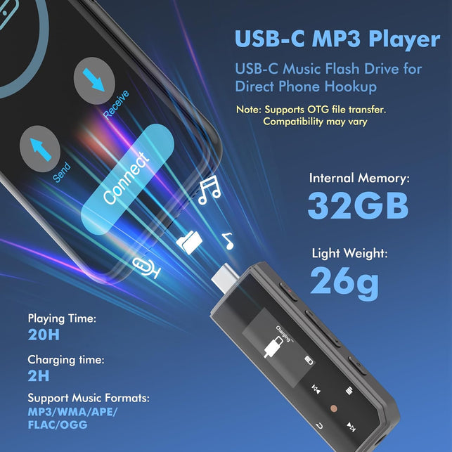 RUIZU 32GB USB-C MP3 Player with Bluetooth 5.3 & Clip for Sports Running