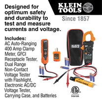 Klein Tools CL120VP Electrical Voltage Test Kit with Clamp Meter, Three Testers, Test Leads, Pouch and Batteries