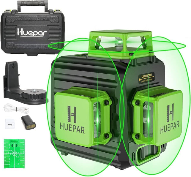 HUEPAR Laser Level 360 Self Leveling, 3 X 360° Green Laser Level High Brightness Cross Line for Construction and Picture Hanging, 5200 Mah Rechargeable Battery- B03CG Pro