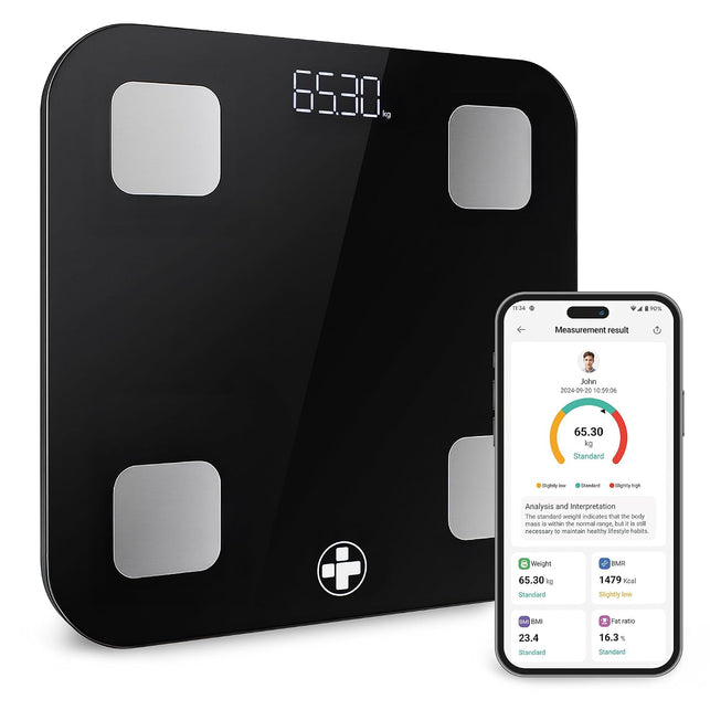 Reliance Medical Smart BMI Scale, Bluetooth Digital Body Fat Scale with LED Display, Accurate Weight Tracking, Ultra Slim, Bathroom Scale, Syncs with Fitness Apps, Size L 28Cm X W 28Cm X D 2.4Cm