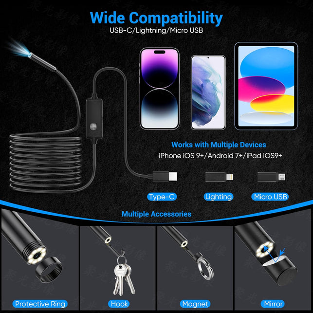 Endoscope Camera with Light,1920P HD Borescope with 8 Adjustable LED Lights, Endoscope with Semi-Rigid Snake Cable, IP67 Waterproof Inspection Borescope for Ios and Android-16.4Ft Single Lens