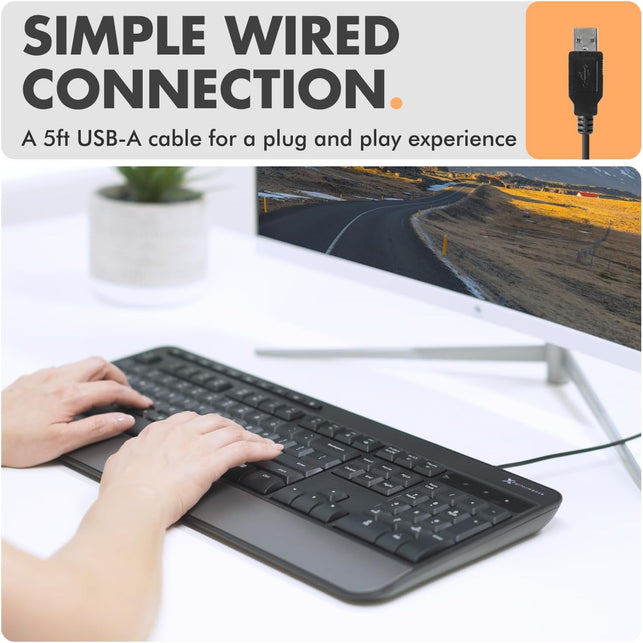 X9 Wired Keyboard - Comfortable Typing - Ergonomic Full Size USB Keyboard with Wrist Rest, Number Pad, Multimedia and 114 Keys - External Computer Keyboard for Laptop, Desktop and Office PC